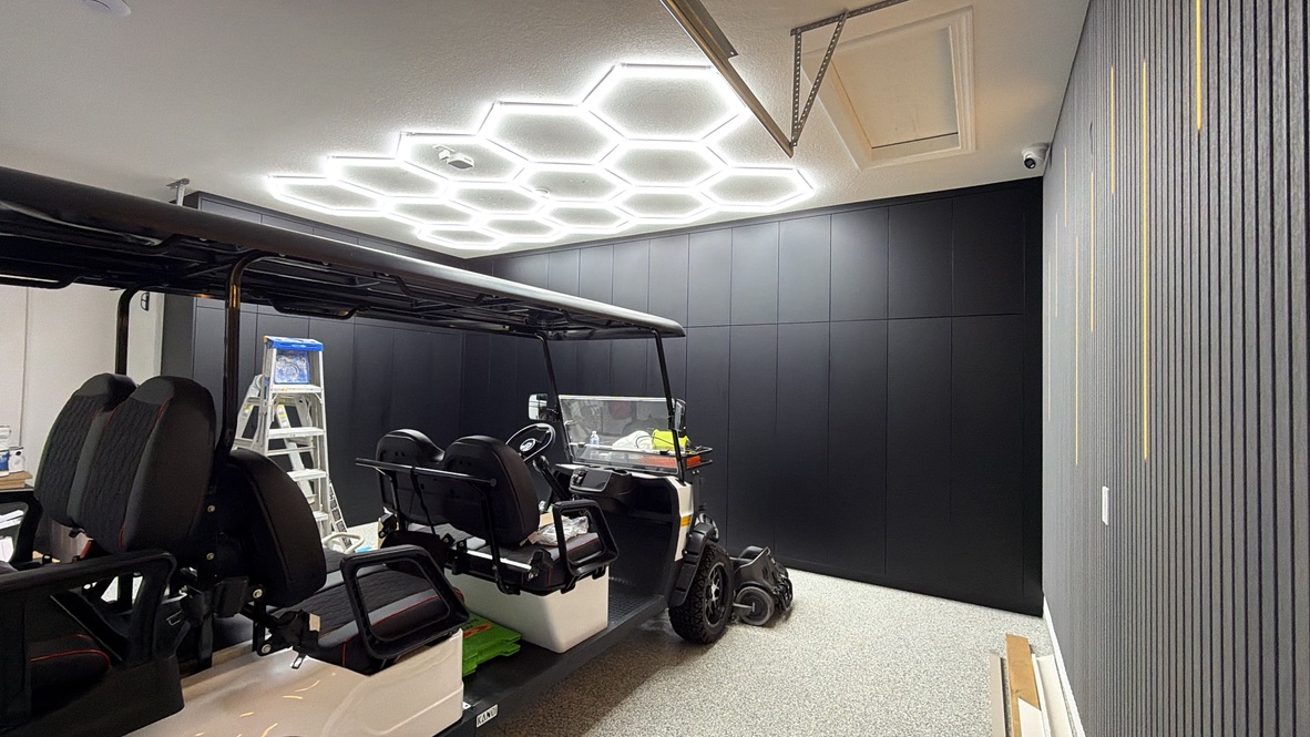 Garage cabinetry and hexagonal lighting